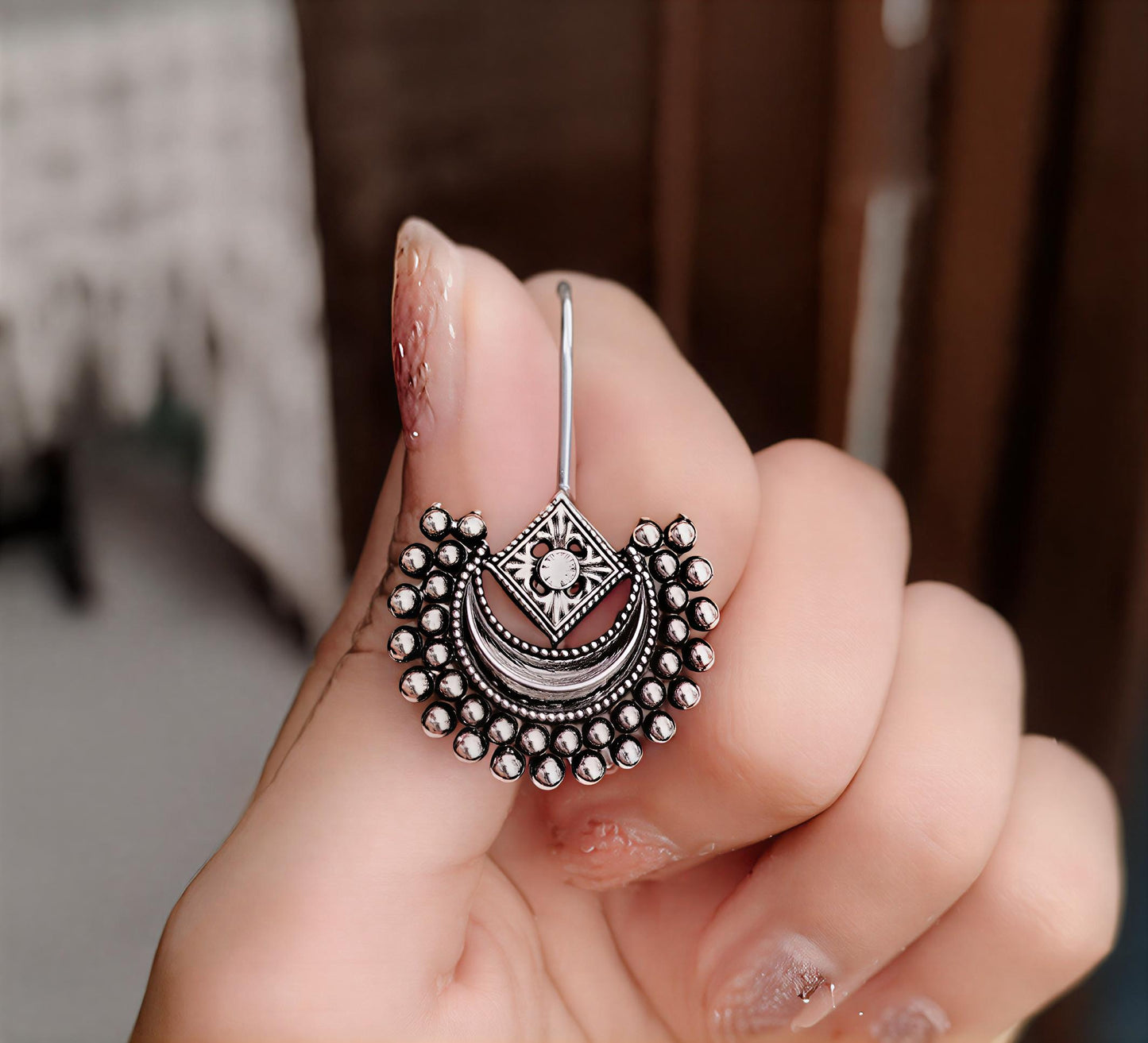 Oxidised Silver Afghan Chand Hook Earrings