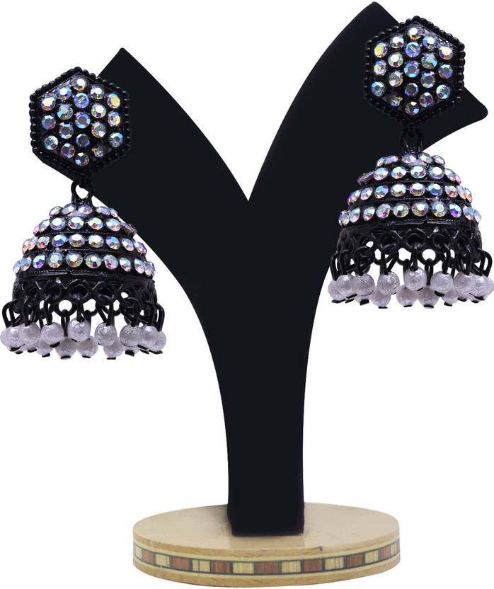 Black Crystal Pearl Oxidized Jhumki Earrings
