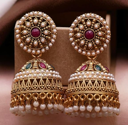 Traditonal Ethnic Pearl Studded Gold Platted Jhumka