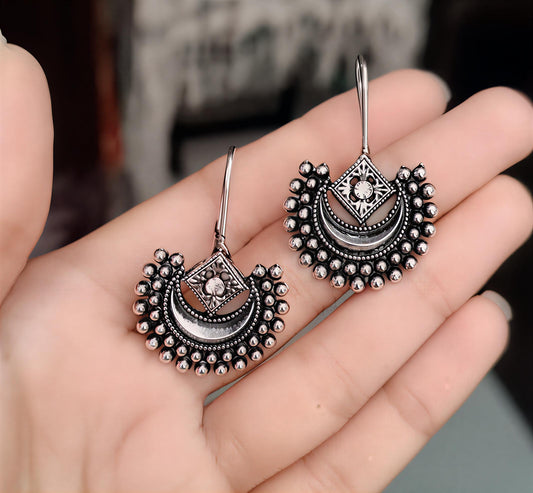 Oxidised Silver Afghan Chand Hook Earrings