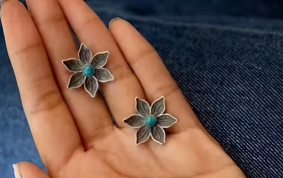 Navy Blue Oxidised Floral Stud Earrings
