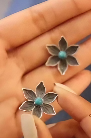 Navy Blue Oxidised Floral Stud Earrings