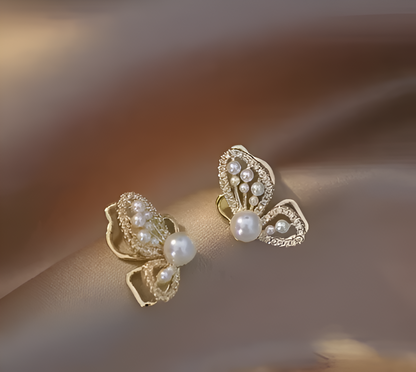 Butterfly Pearl Gold Plated Stud Earrings