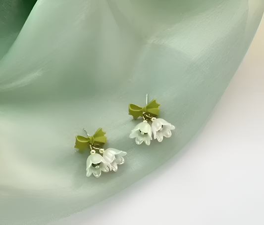 SUYUG Green Bell Tulip Flower Bow Drop Earrings