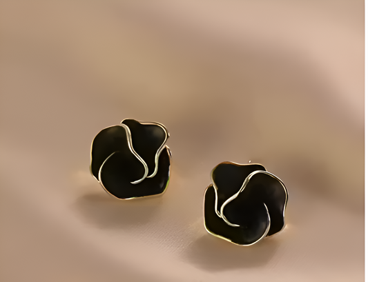Black Camellia Flower Shaped Stud Earrings