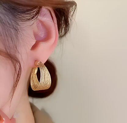 Korean Textured Gold-Plated Drop & Hoop Earrings