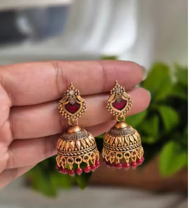 Antique Gold Filigree Maroon Beaded Jhumka Earrings