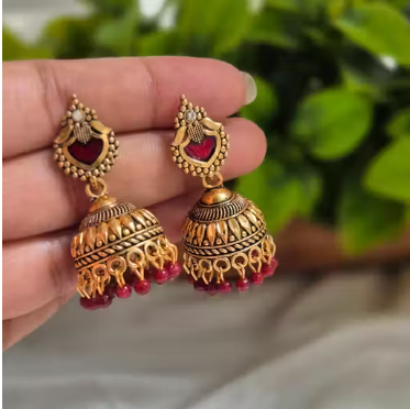Antique Gold Filigree Maroon Beaded Jhumka Earrings