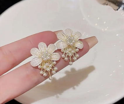Gold Plated Floral Pearl Korean Western Stud Earrings