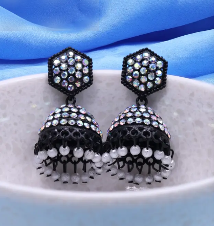 Black Crystal Pearl Oxidized Jhumki Earrings