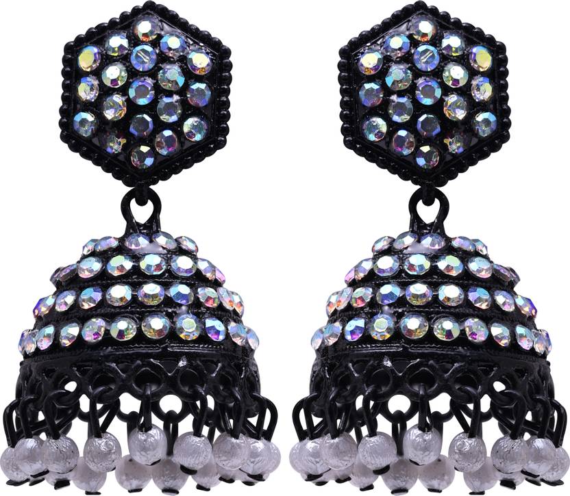 Black Crystal Pearl Oxidized Jhumki Earrings