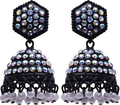 Black Crystal Pearl Oxidized Jhumki Earrings